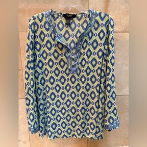 Twiggy London Tunic.Green and blue print, blue metallic embellishments. Sz Small
